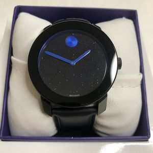 Movado Bold Black Leather Strap Swiss Quartz Stainless Steel Analog Watch